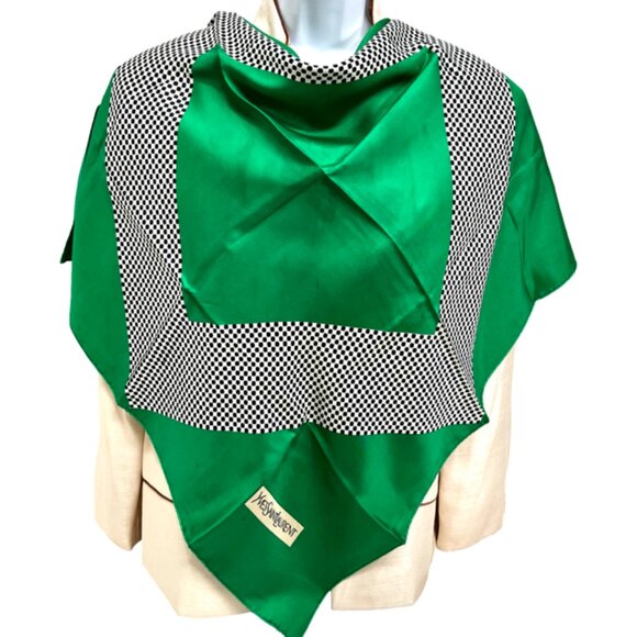 Vgt Yves Saint Laurent YSL  100%  ilk Scarf 31"x31"  Green white Black Dott (69 - Picture 1 of 10
